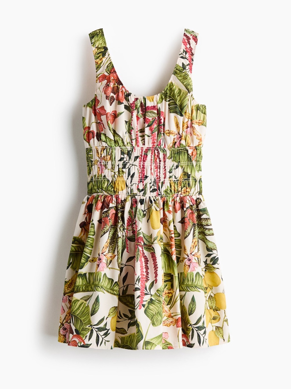 H&M Smocked-Waist Poplin Mini Dress in lemon tropical print — NWOT